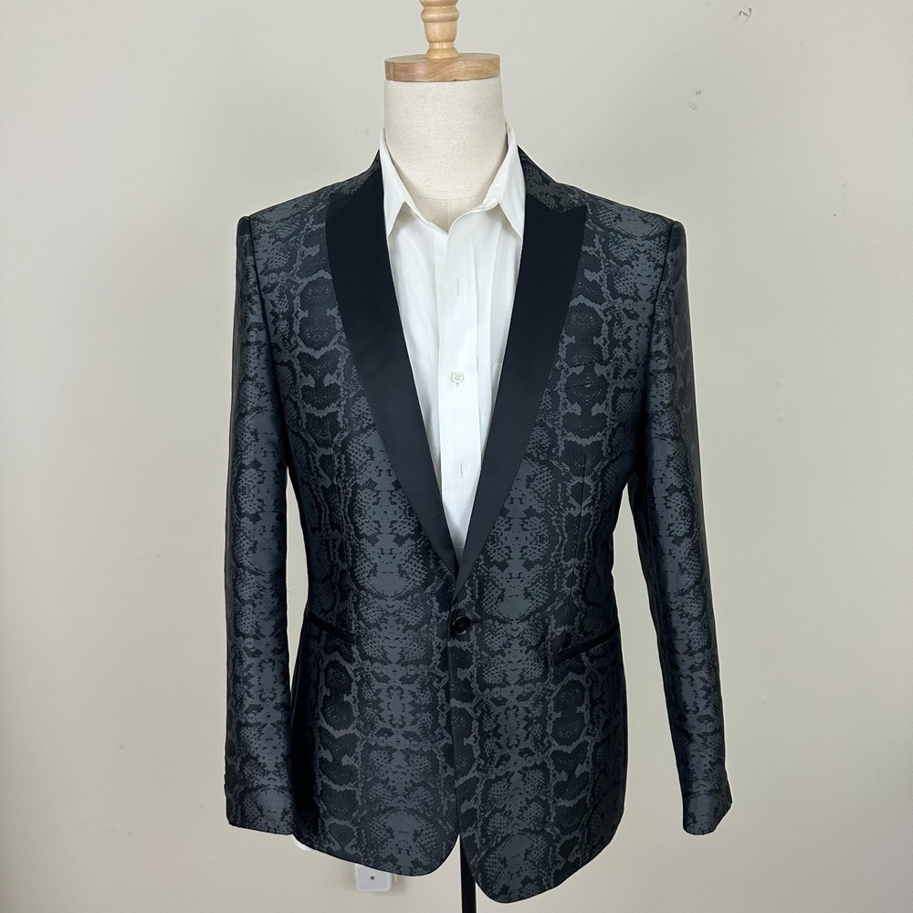 Express Blazer Jacket Black Slim Fit Snake Print Jacquard Peak Lapel Mens 42R - Picture 2 of 12